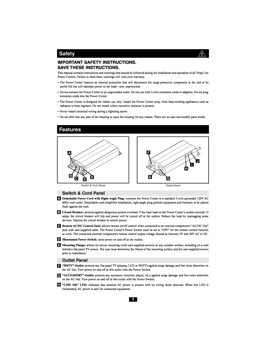 Tripp Lite HT2210ISOCTR Important Safety Instructions Save These Instructions, Switch & Cord Panel, Outlet Panel, Features 