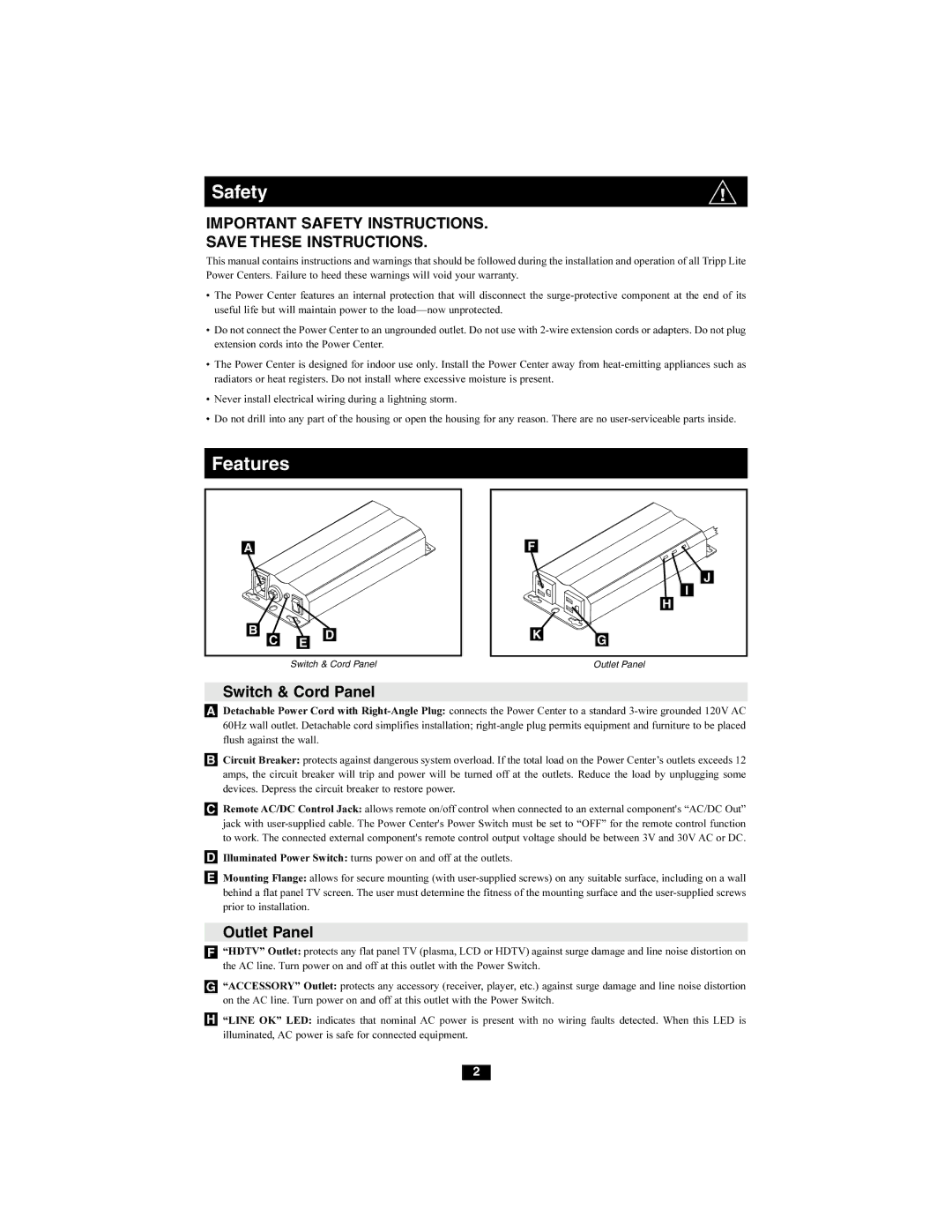 Tripp Lite HT2210ISOCTR owner manual Important Safety Instructions, Switch & Cord Panel, Outlet Panel 