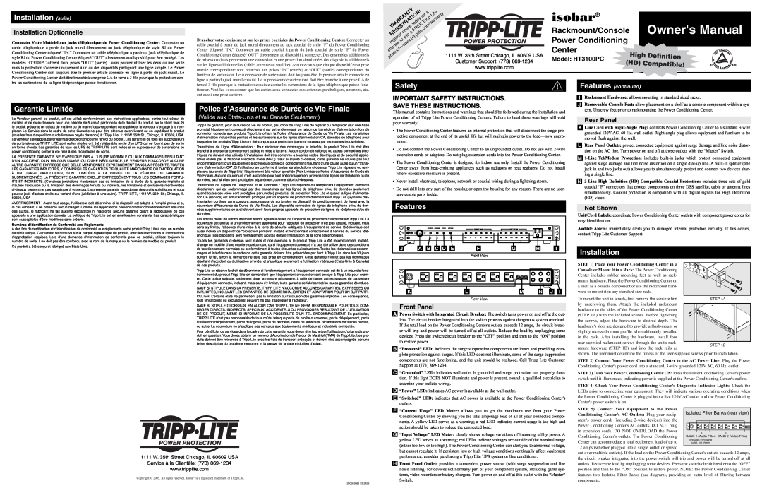 Tripp Lite HT3100PC owner manual isobar, Owners Manual, Rackmount/Console, Power Conditioning, Center, Installation suite 