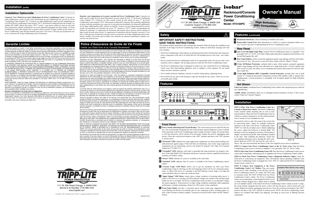 Tripp Lite HT3100PC owner manual Installation suite, Safety, Garantie Limitée, Police dAssurance de Durée de Vie Finale 