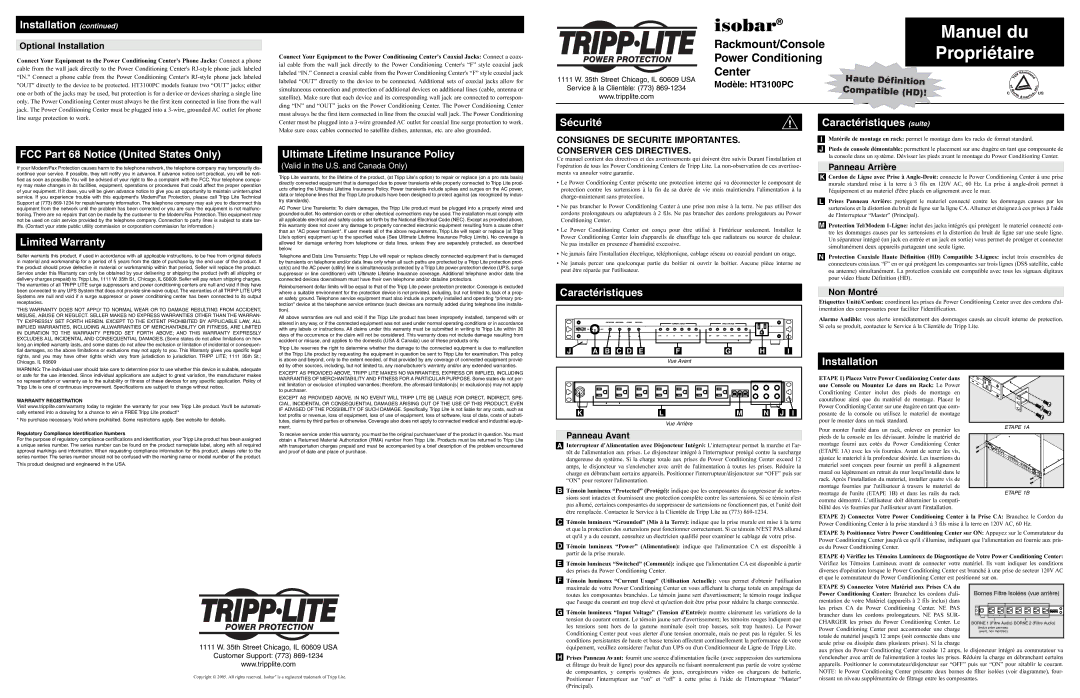 Tripp Lite HT3100PC owner manual Limited Warranty, Ultimate Lifetime Insurance Policy, Caractéristiques 