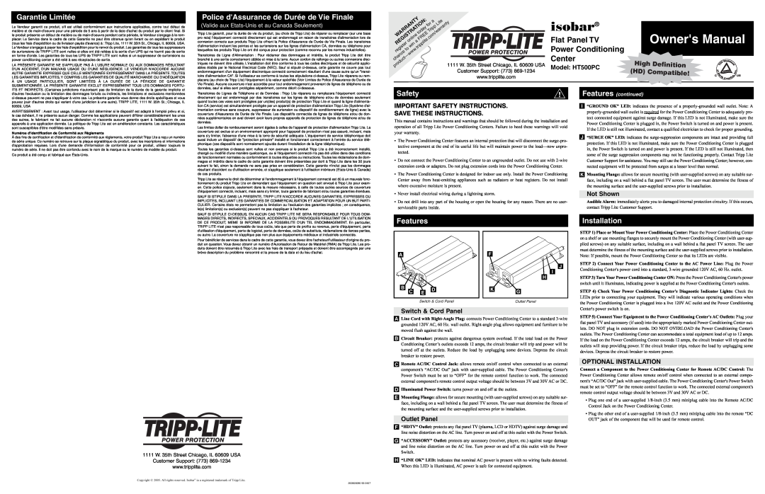 Tripp Lite HT500PC owner manual isobar, Flat Panel TV, Power Conditioning, Center, Garantie Limitée, Safety, Features 