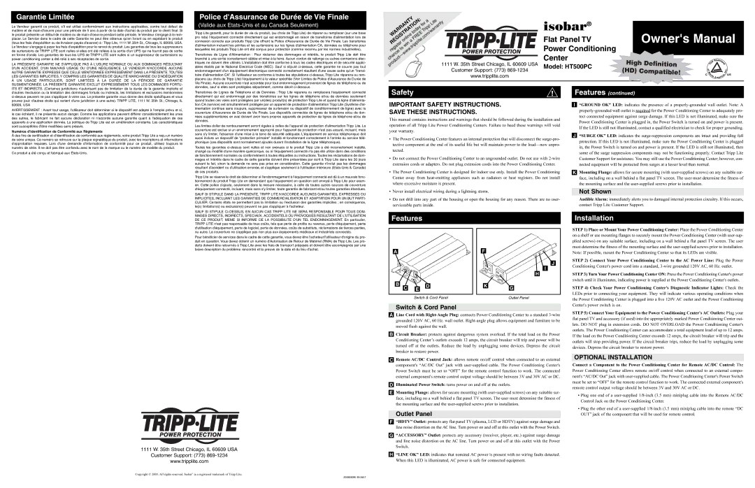 Tripp Lite HT500PC owner manual Garantie Limitée, Police dAssurance de Durée de Vie Finale, Safety, Features, Installation 