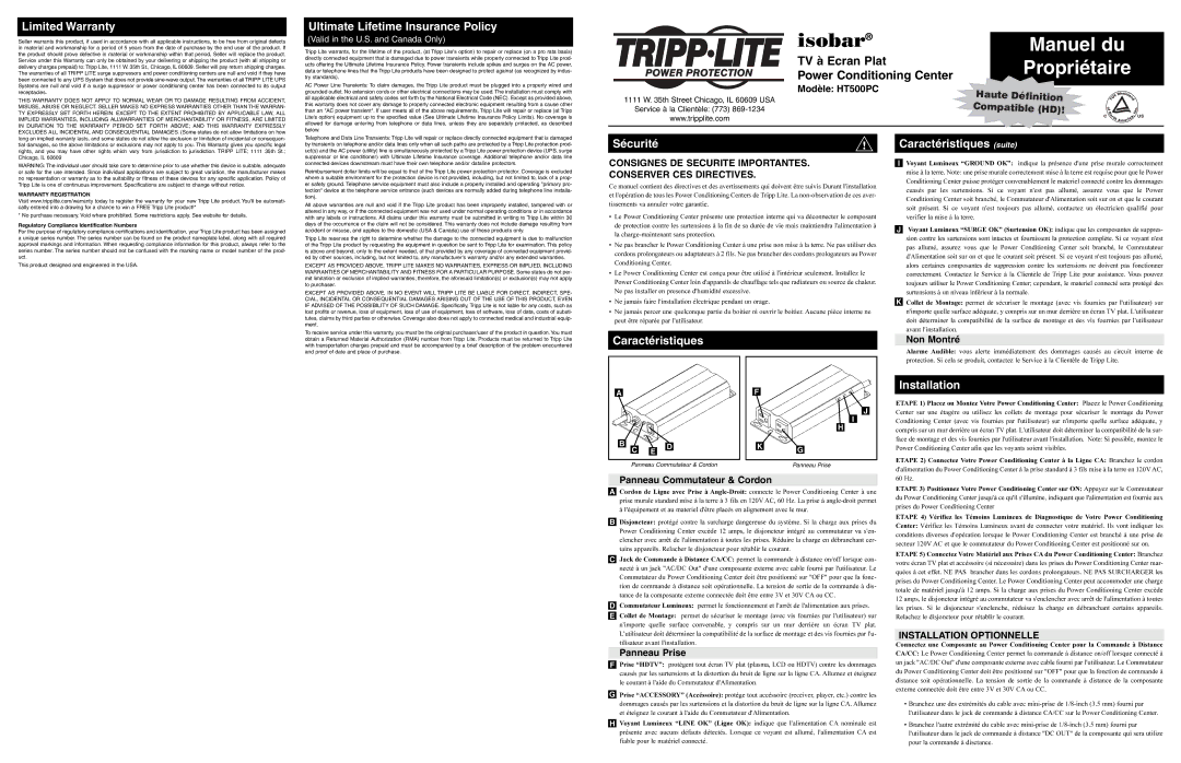 Tripp Lite HT500PC owner manual Limited Warranty, Ultimate Lifetime Insurance Policy, Sécurité, Caractéristiques suite 