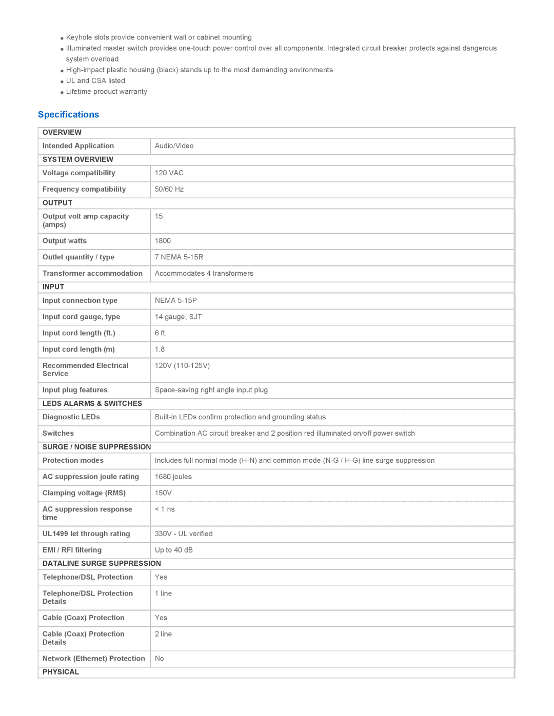 Tripp Lite HT706TSAT instruction manual Specifications 