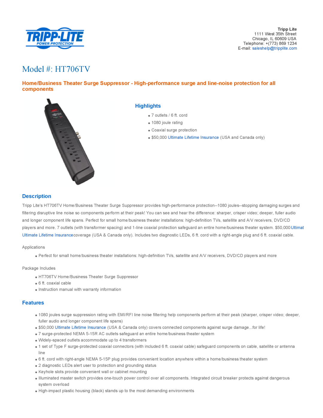 Tripp Lite instruction manual Highlights, Description, Features, Model # HT706TV 