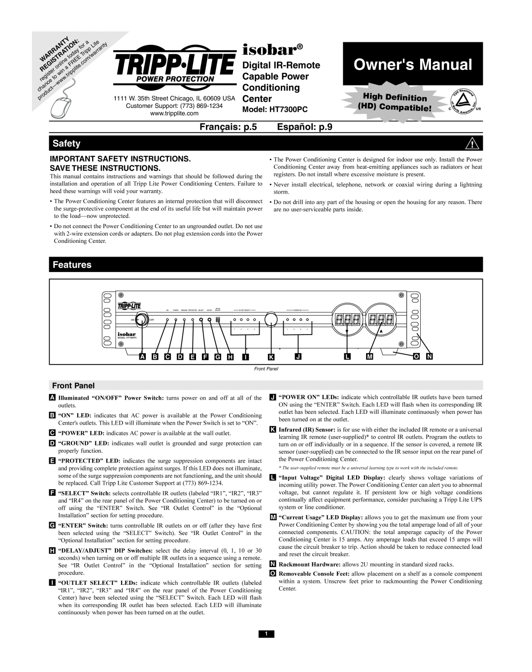Tripp Lite owner manual Features, Model HT7300PC, Important Safety Instructions Save These Instructions, isobar 