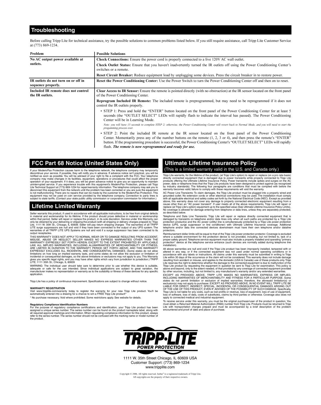 Tripp Lite HT7300PC owner manual Troubleshooting, FCC Part 68 Notice United States Only, Lifetime Limited Warranty 