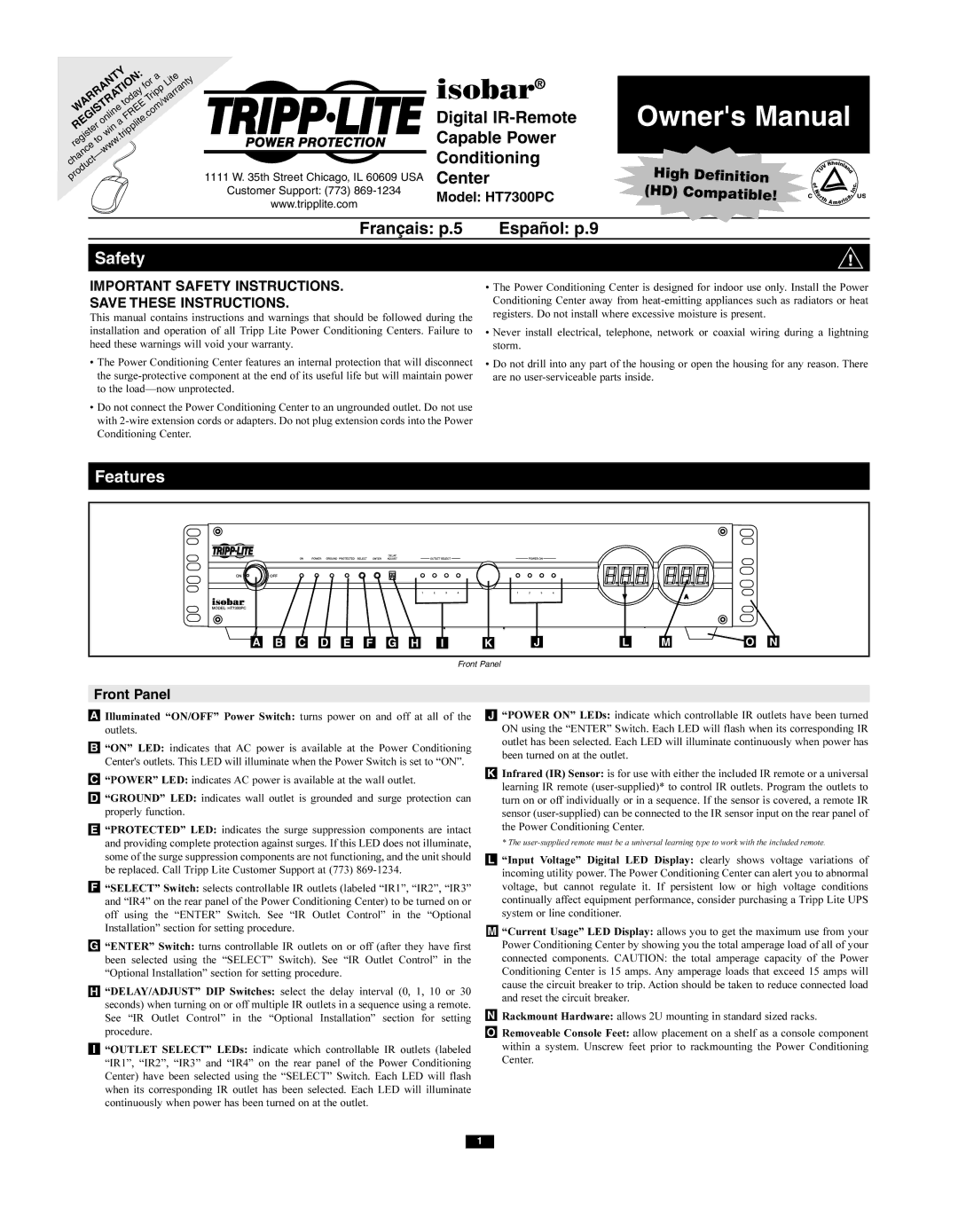 Tripp Lite owner manual Safety, Features, Model HT7300PC, Front Panel 