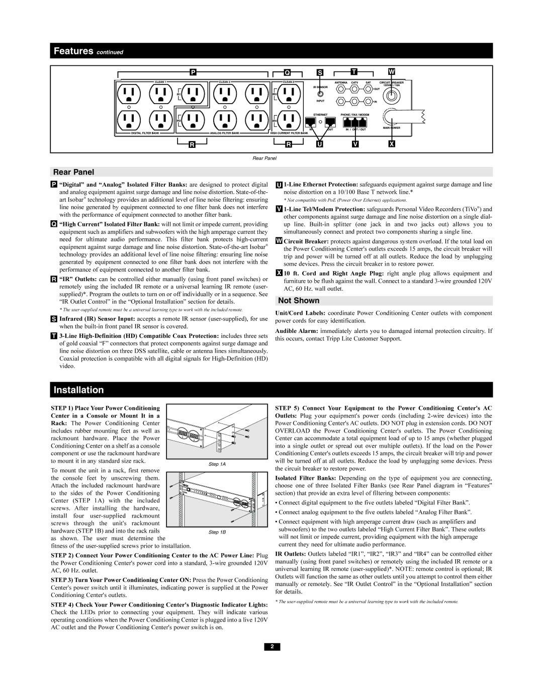 Tripp Lite HT7300PC owner manual Installation, Rear Panel, Not Shown 