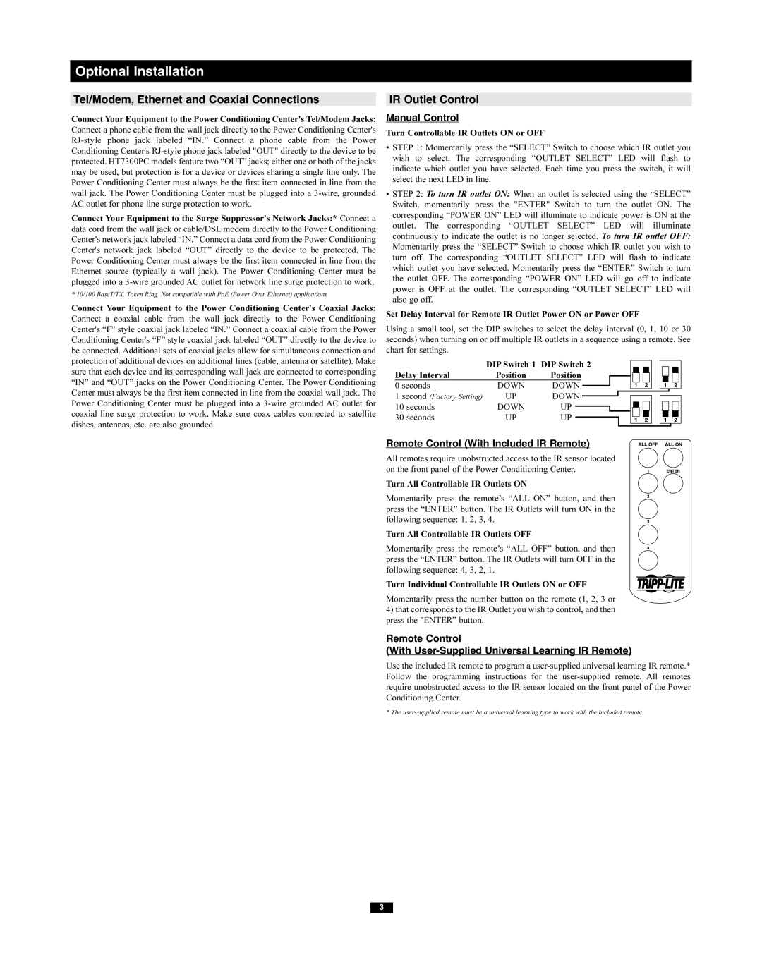 Tripp Lite HT7300PC owner manual Optional Installation, Tel/Modem, Ethernet and Coaxial Connections, IR Outlet Control 
