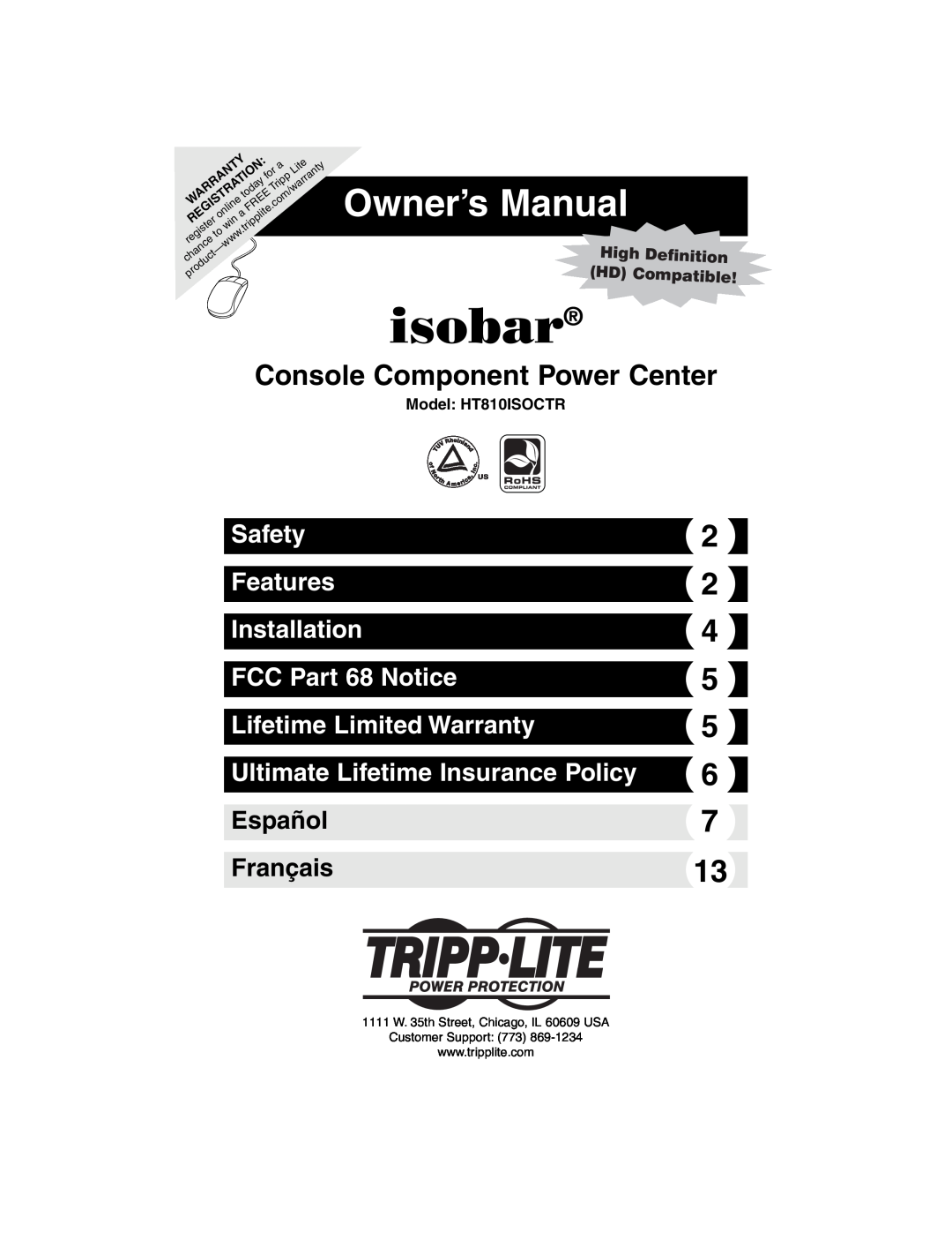 Tripp Lite owner manual Safety Features Installation FCC Part 68 Notice, Model HT810ISOCTR, isobar, Owner’s Manual 