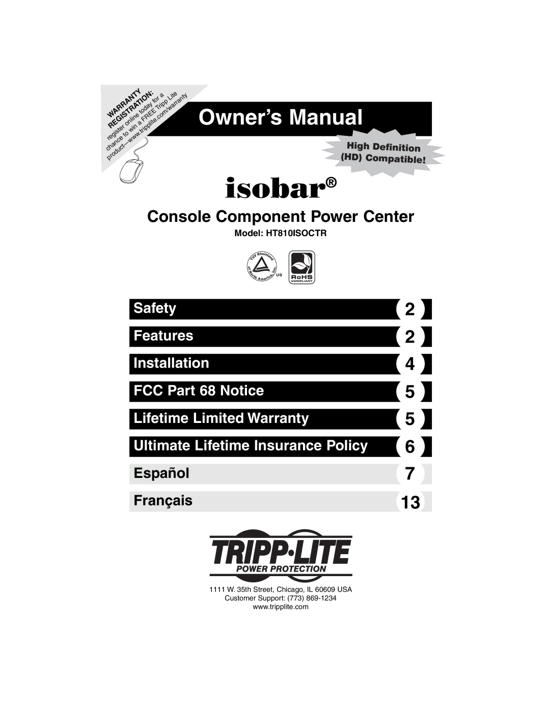 Tripp Lite owner manual Isobar, Model HT810ISOCTR 