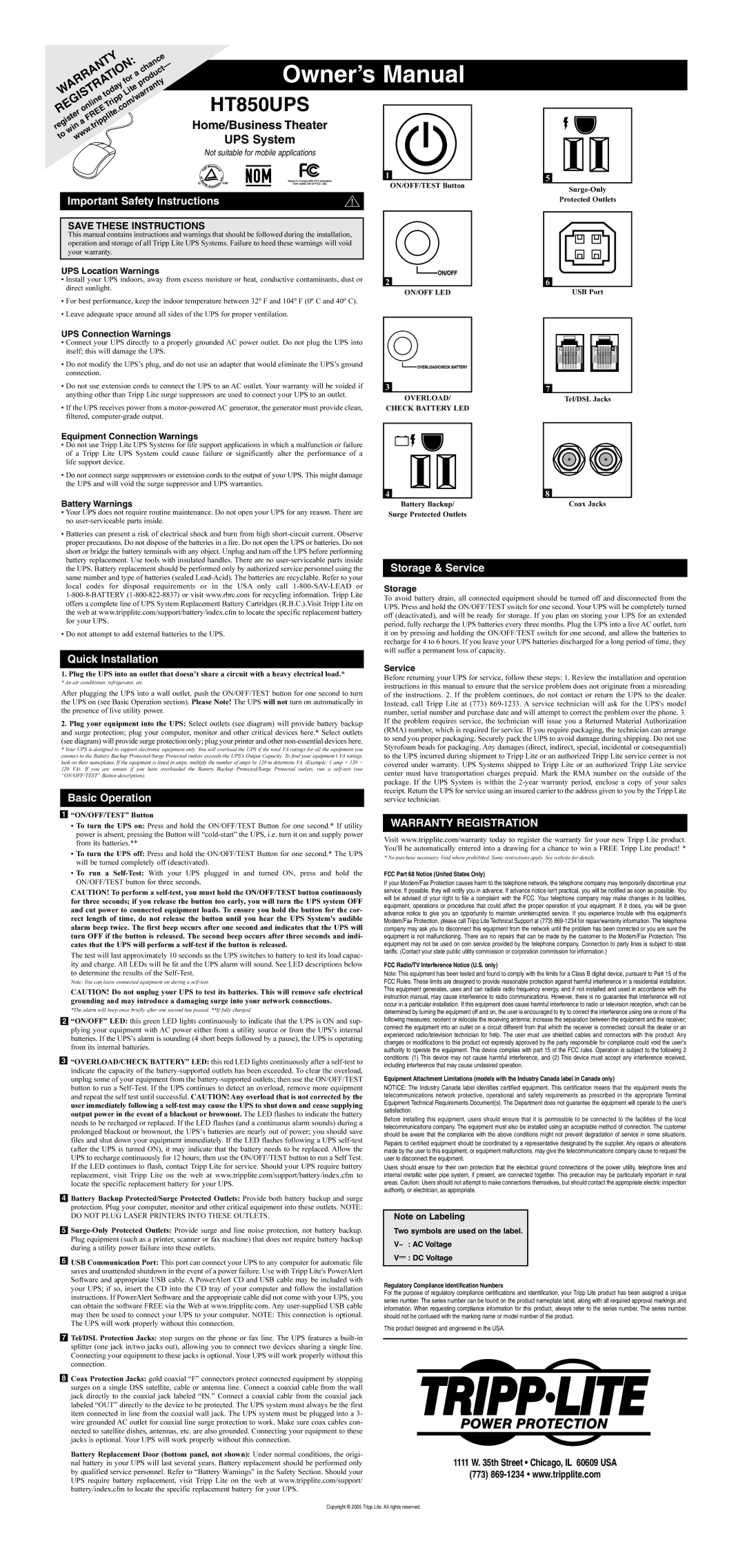 Tripp Lite HT850UPS warranty UPS Location Warnings, UPS Connection Warnings, Equipment Connection Warnings, Storage 