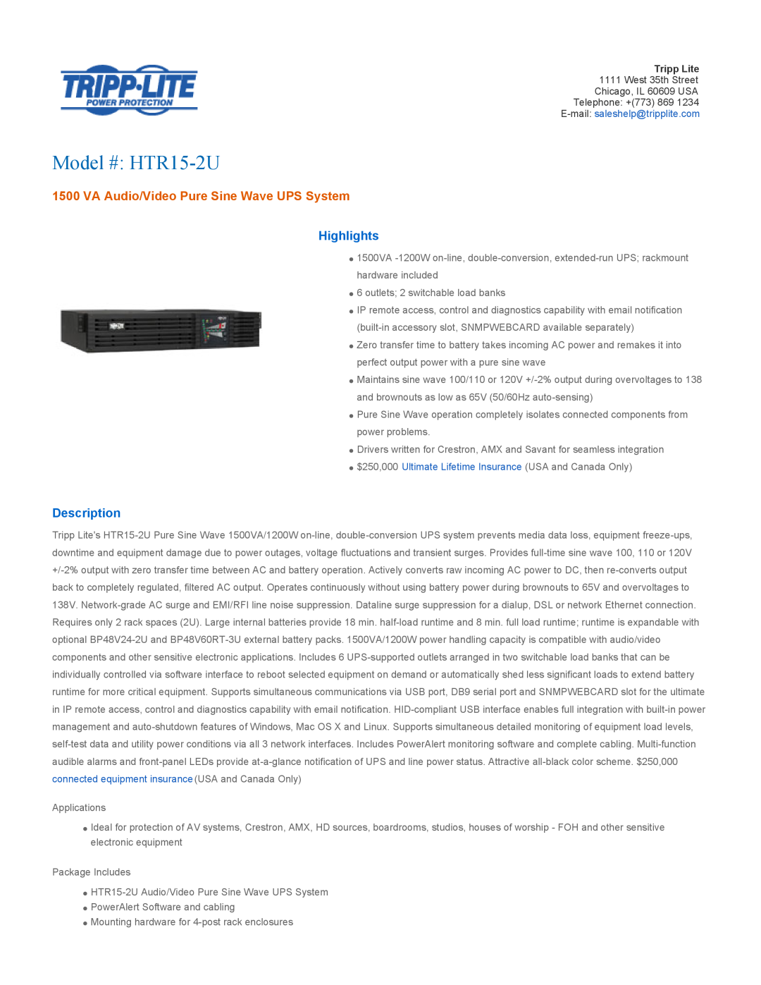 Tripp Lite instruction manual Highlights, Description, Model # HTR15-2U, VA Audio/Video Pure Sine Wave UPS System 