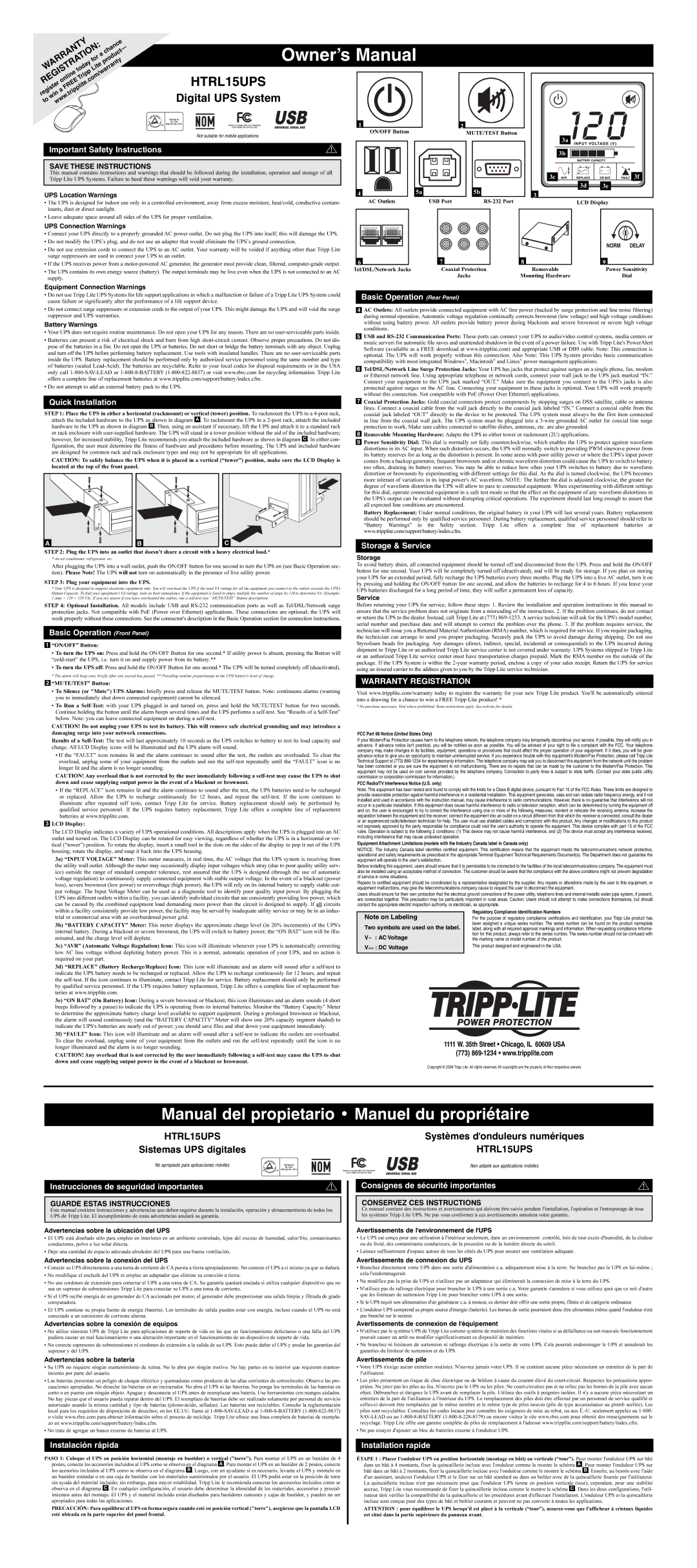 Tripp Lite HTRL15UPS owner manual Important Safety Instructions, Quick Installation, Basic Operation Front Panel 