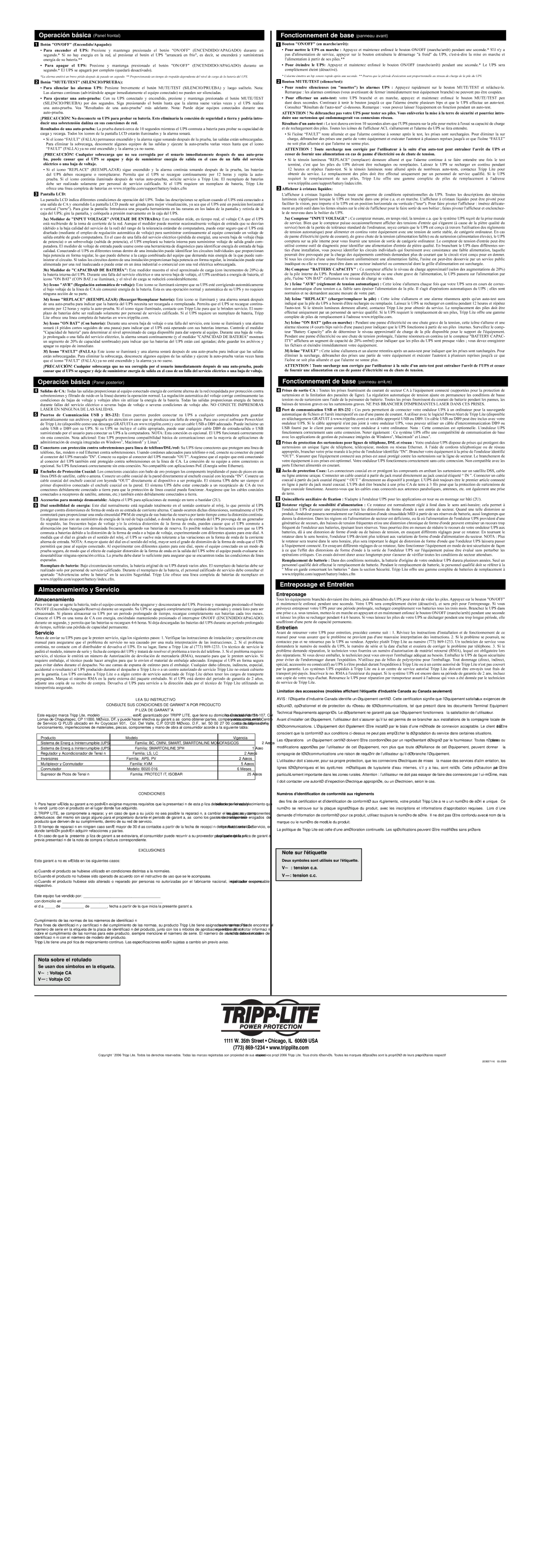 Tripp Lite HTRL15UPS Operación básica Panel frontal, Operación básica Panel posterior, Almacenamiento y Servicio 