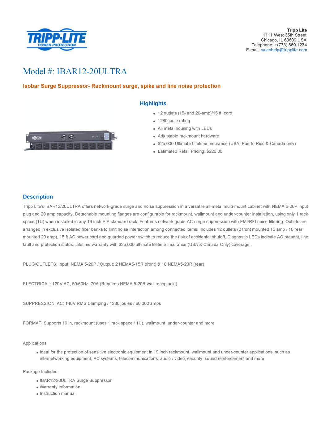 Tripp Lite warranty Highlights, Description, Model # IBAR12-20ULTRA 