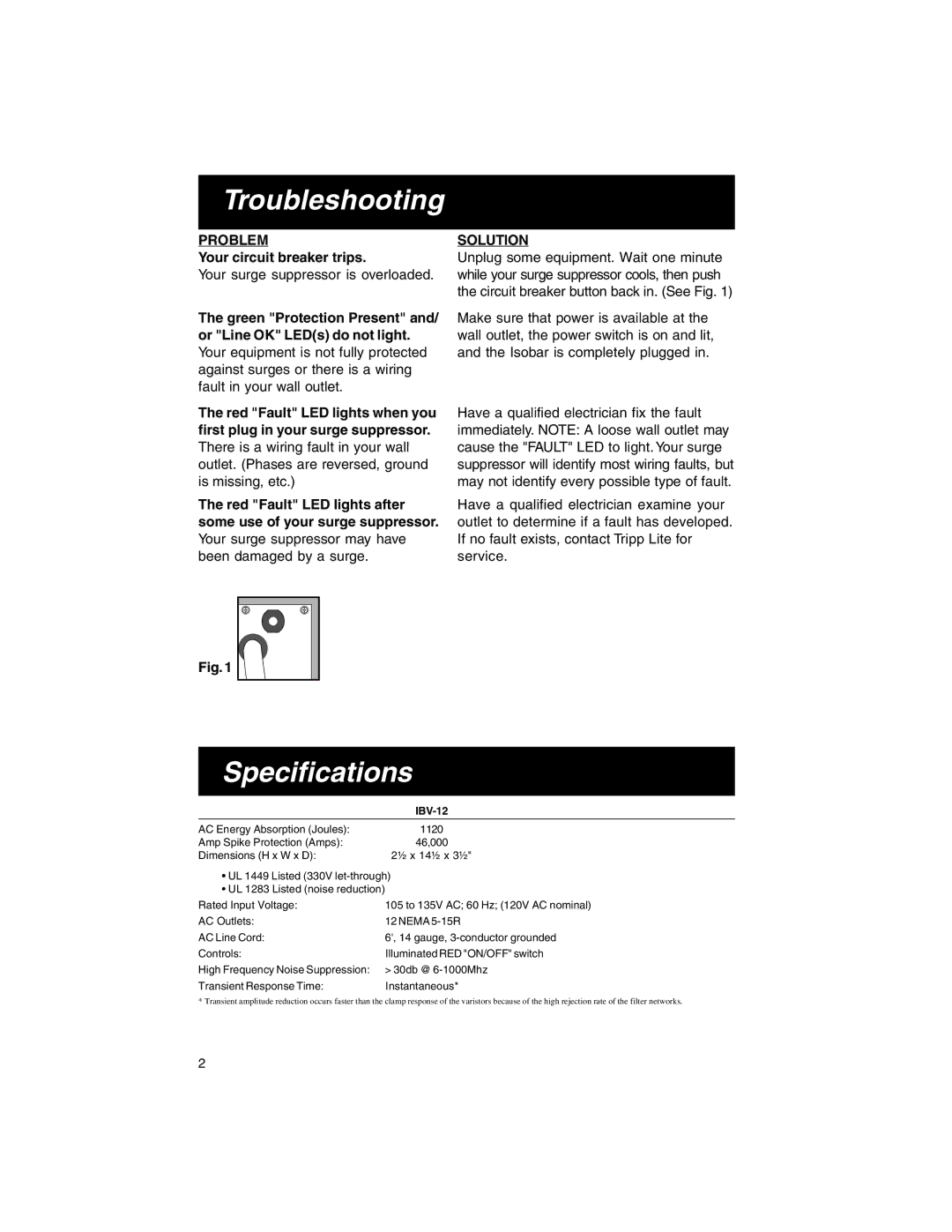 Tripp Lite IBV-12 owner manual Troubleshooting, Specifications, Problem Solution 