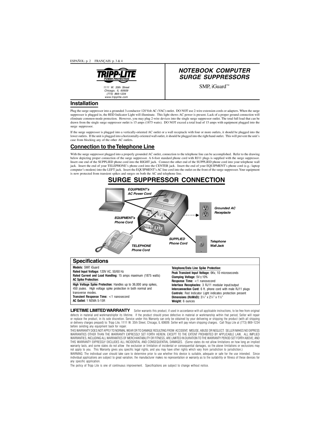Tripp Lite SMP, iGuard specifications Installation, Connection to the Telephone Line, Specifications, TELEPHONE Phone Cord 