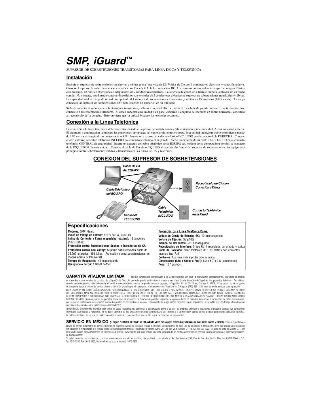 Tripp Lite SMP, iGuard, Instalación, Conexión a la Línea Telefónica, Conexion Del Supresor De Sobretensiones, Cable 