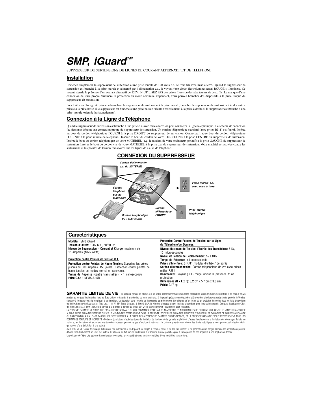 Tripp Lite Connexion à la Ligne de Téléphone, Connexion Du Suppresseur, Caractéristiques, SMP, iGuard, Installation 