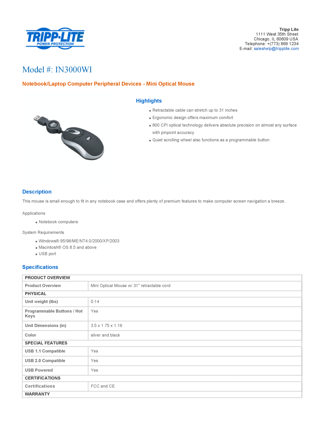 Tripp Lite specifications Model # IN3000WI, Notebook/Laptop Computer Peripheral Devices - Mini Optical Mouse, Physical 