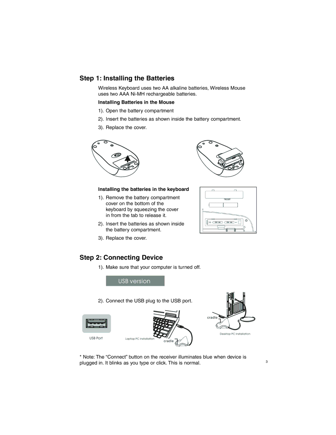 Tripp Lite IN3004KBM specifications Installing the Batteries, Connecting Device, Installing Batteries in the Mouse 