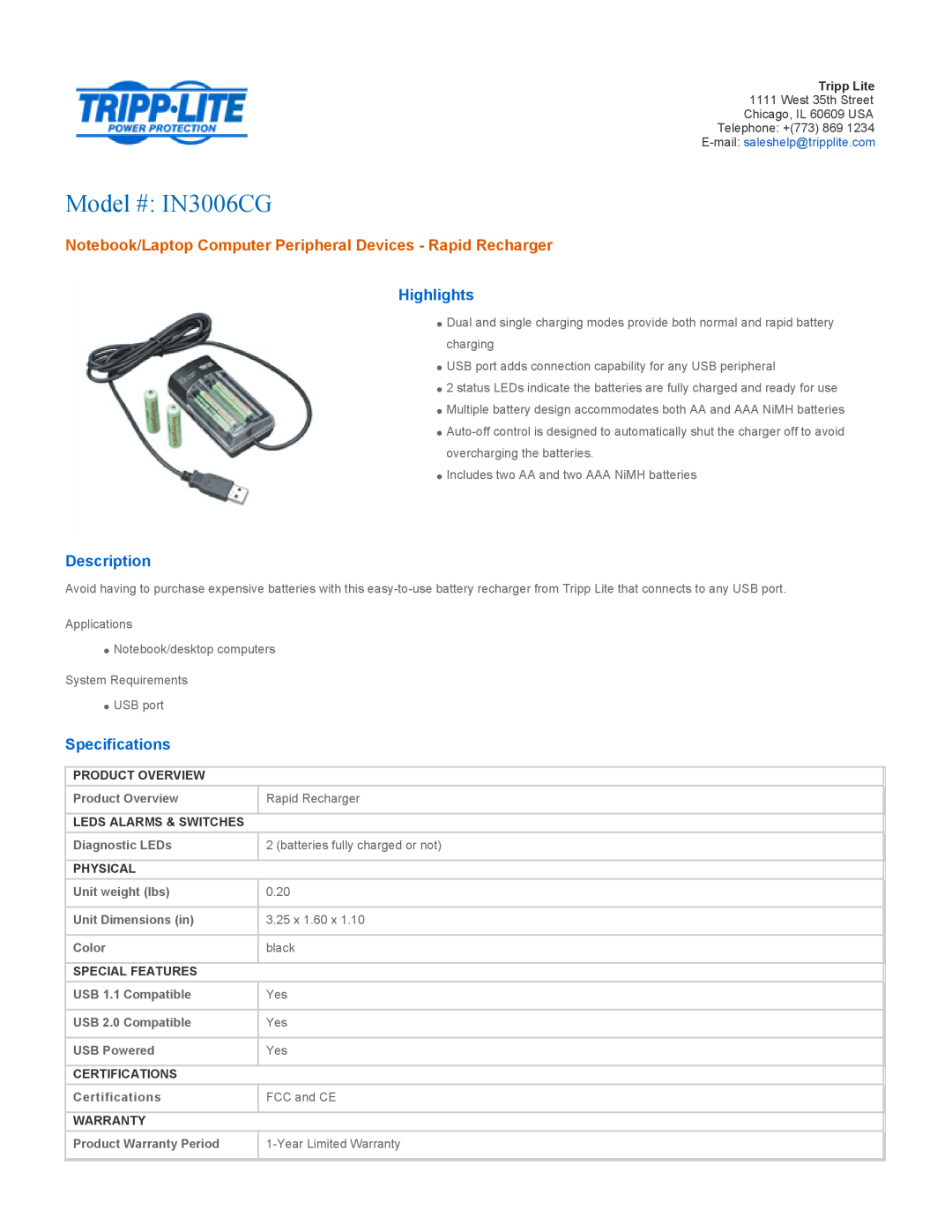 Tripp Lite specifications Model # IN3006CG, Notebook/Laptop Computer Peripheral Devices - Rapid Recharger, Highlights 