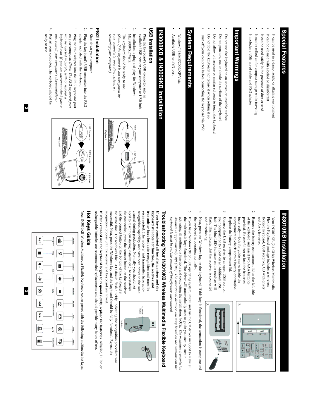 Tripp Lite Special Features, IN3008KB & IN3009KB Installation IN3010KB Installation, USB Installation, Hot Keys Guide 