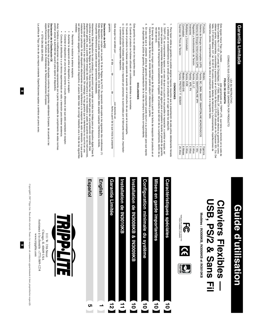 Tripp Lite IN3008KB owner manual Guide dutilisation, USB, PS/2 & Sans Fil, English Español, Declaración de la FCC 