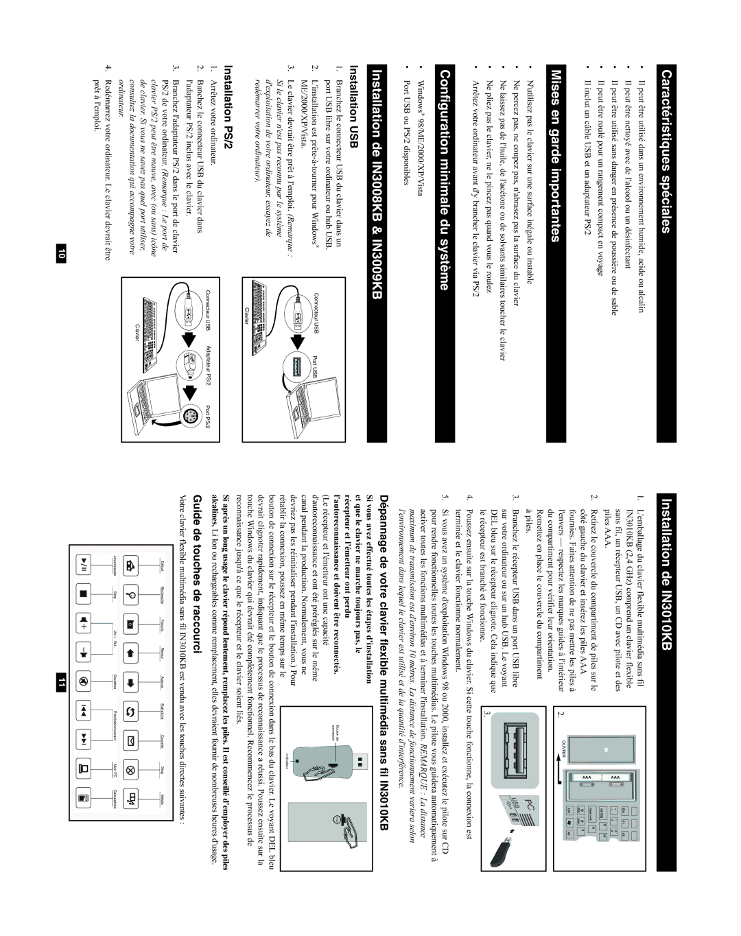 Tripp Lite IN3008KB owner manual Caractéristiques spéciales Installation de IN3010KB, Installation USB, Installation PS/2 