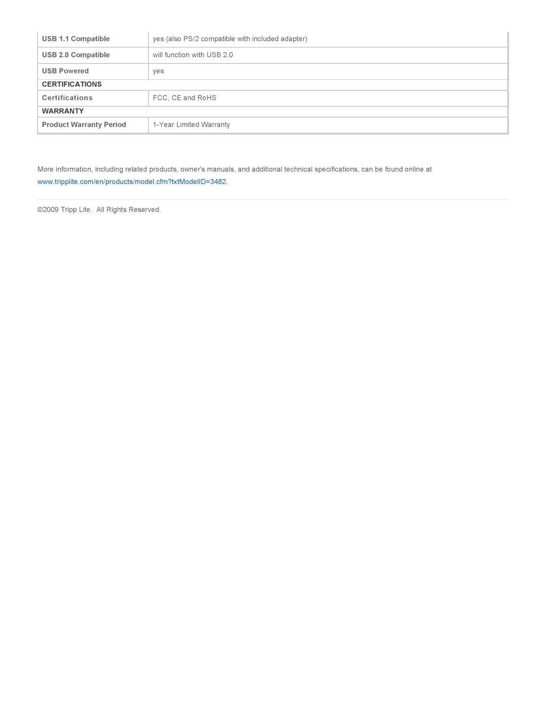 Tripp Lite IN3009KB specifications Certifications, Warranty 
