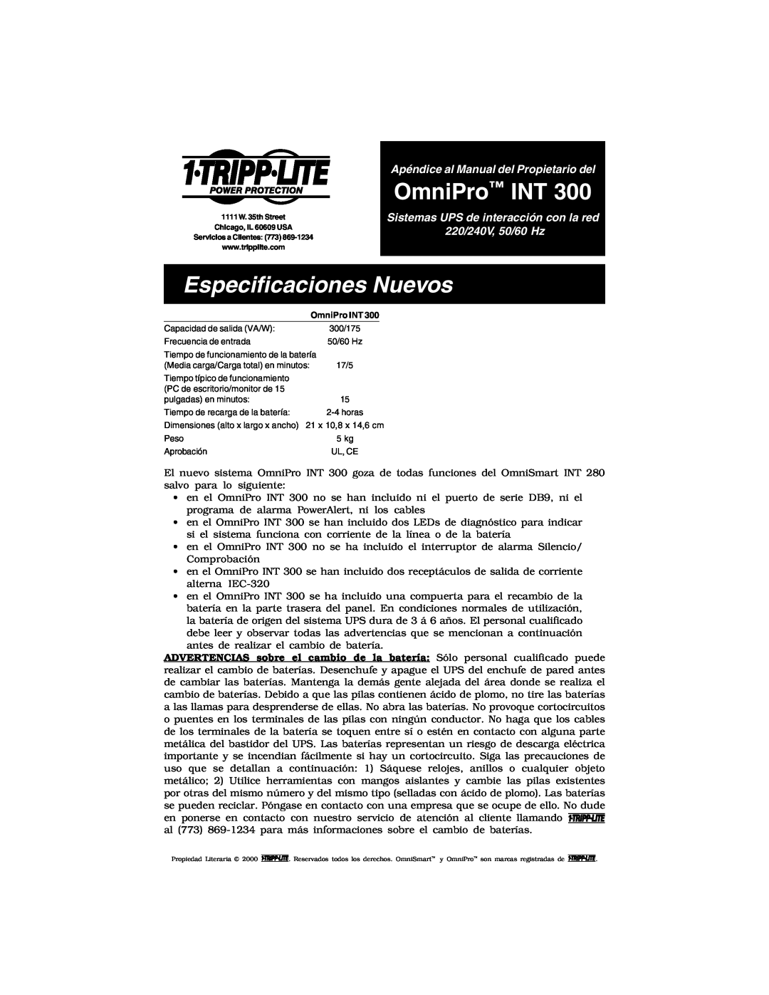 Tripp Lite INT 300 owner manual Especificaciones Nuevos, Apéndice al Manual del Propietario del, OmniPro INT 