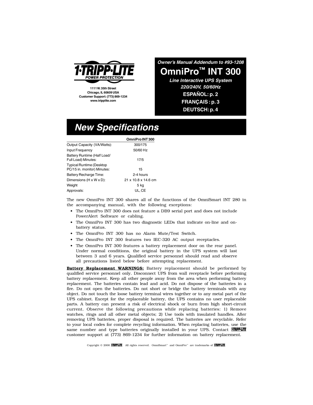 Tripp Lite INT 300 owner manual New Specifications 