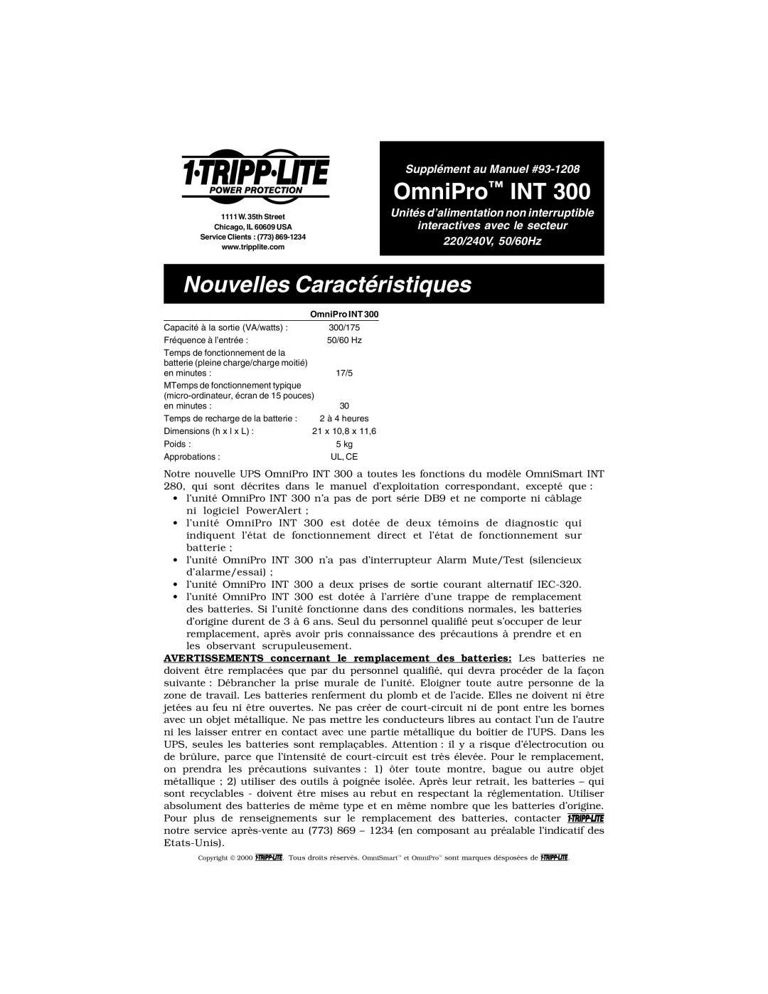 Tripp Lite INT 300 owner manual Nouvelles Caractéristiques 
