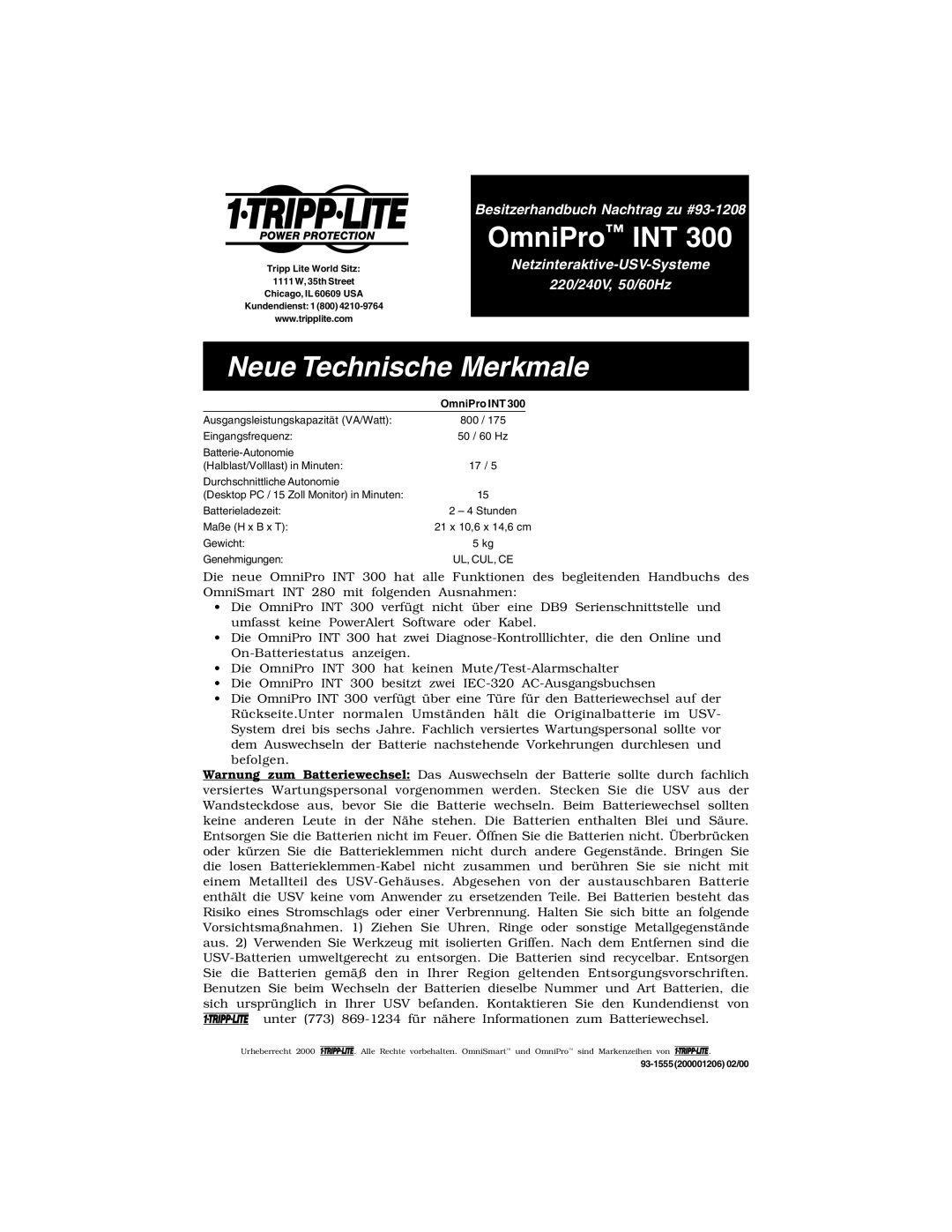 Tripp Lite INT 300 owner manual Neue Technische Merkmale 
