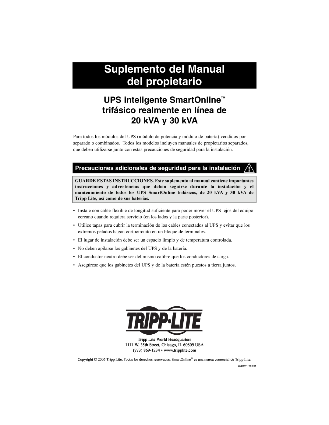 Tripp Lite Intelligent True On-Line UPS System owner manual Suplemento del Manual del propietario 