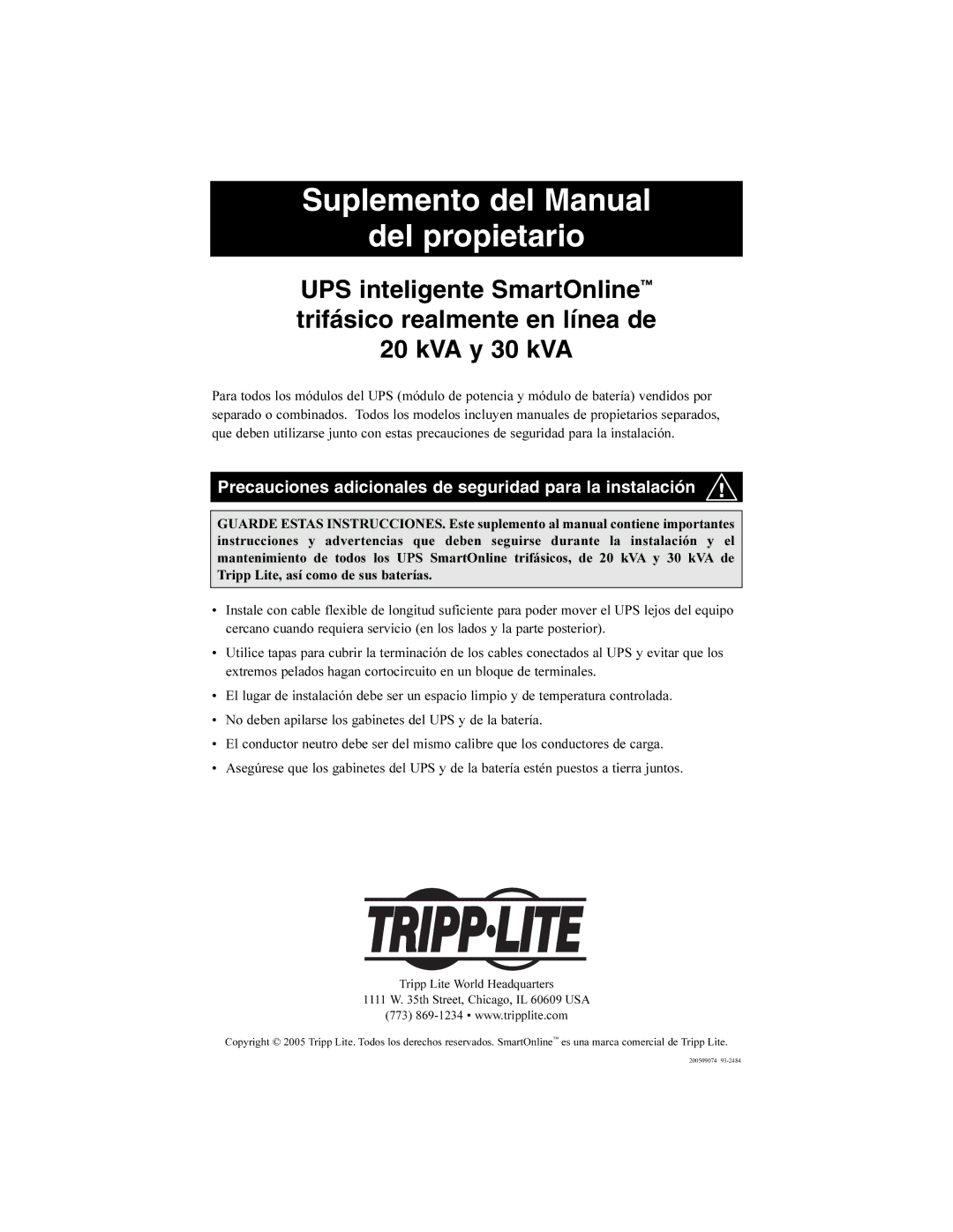 Tripp Lite Intelligent True On-Line UPS System owner manual Suplemento del Manual Del propietario 