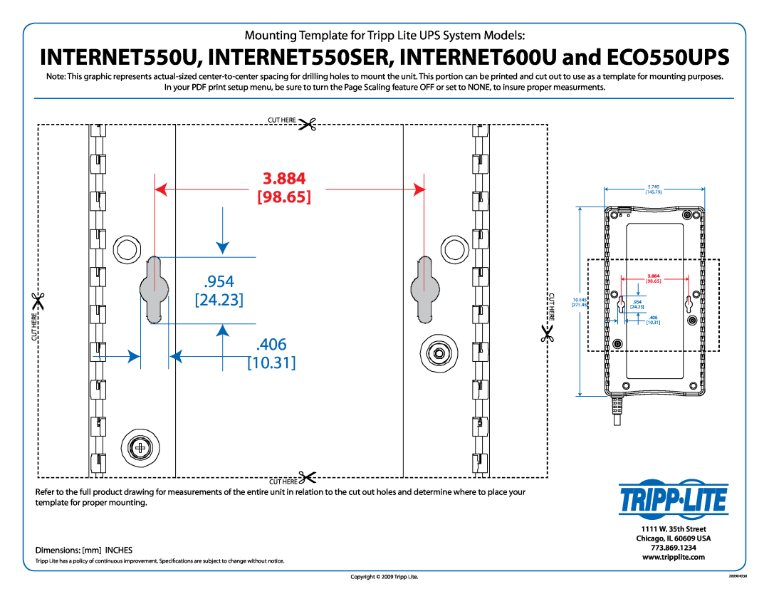 Tripp Lite dimensions INTERNET550U, INTERNET550SER, INTERNET600U and ECO550UPS, 3.884, 98.65, 24.23, 10.31 