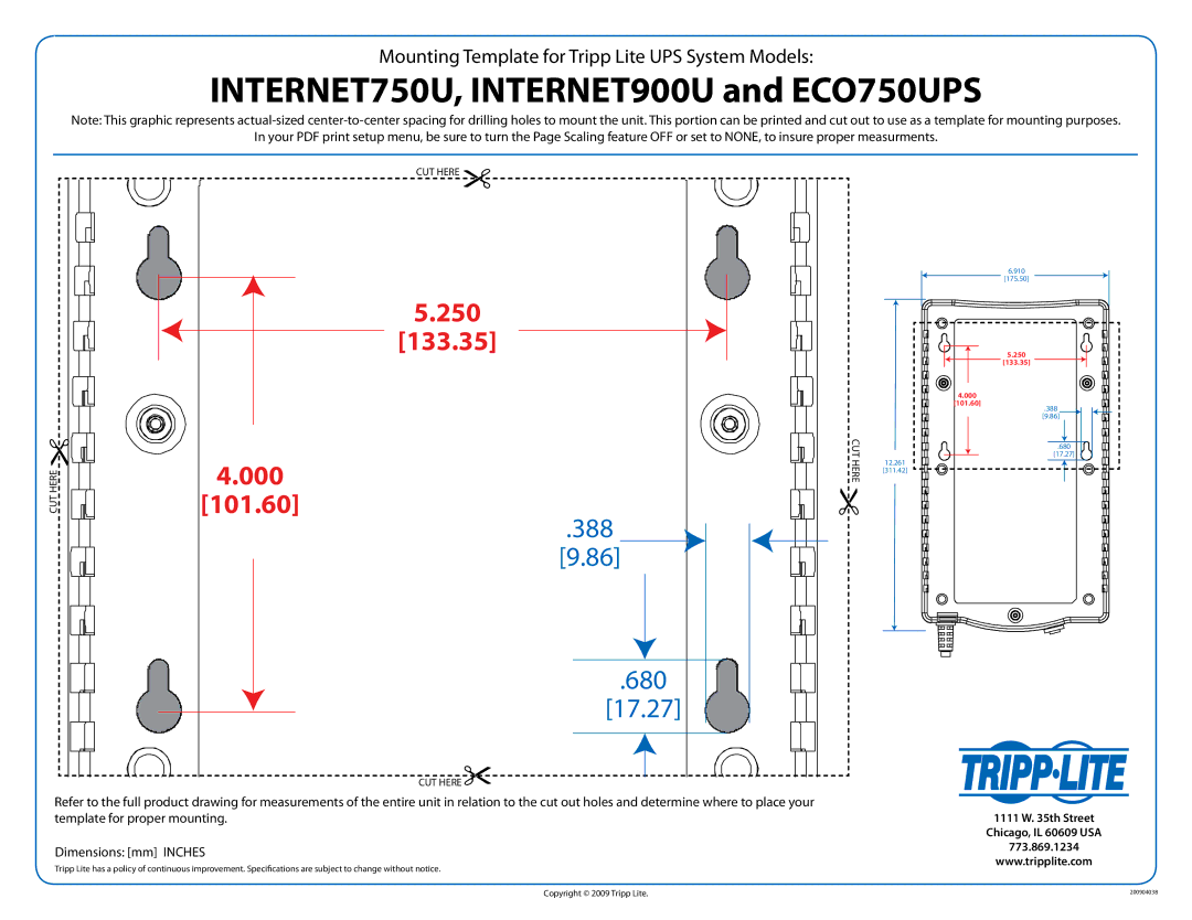 Tripp Lite dimensions INTERNET750U, INTERNET900U and ECO750UPS, 250 133.35, 000 101.60, 388 680 17.27 