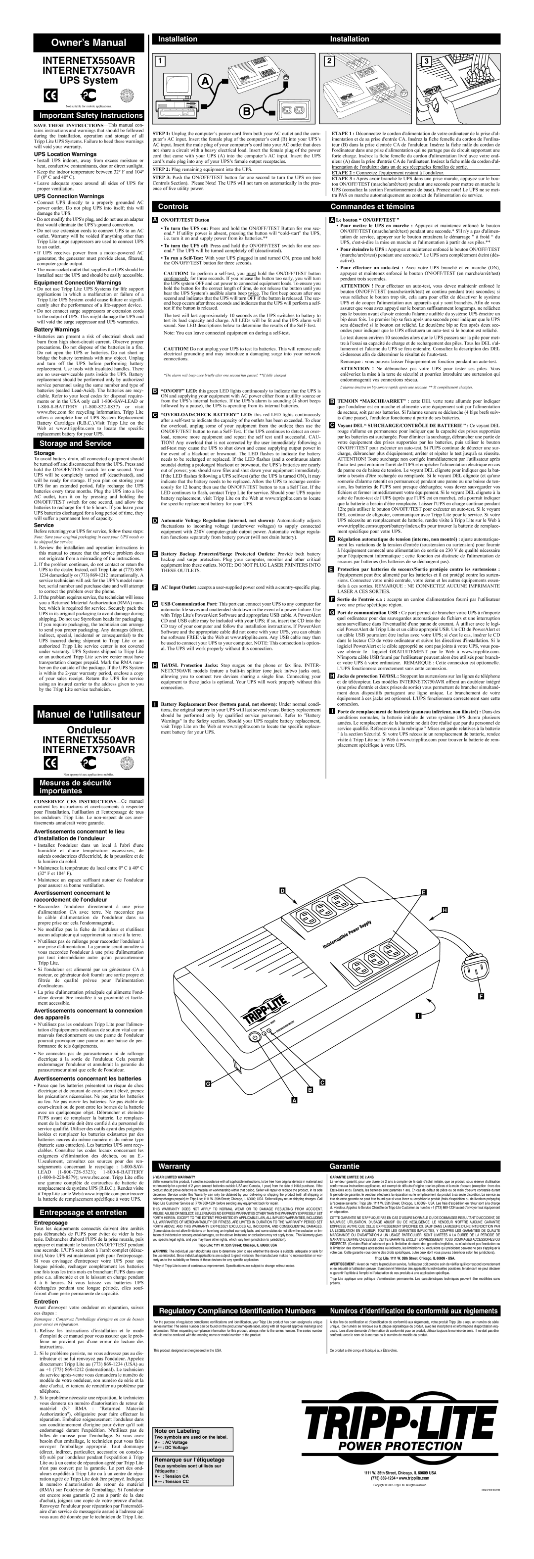 Tripp Lite InternetX750AVR owner manual Important Safety Instructions, Installation, Controls Commandes et témoins 