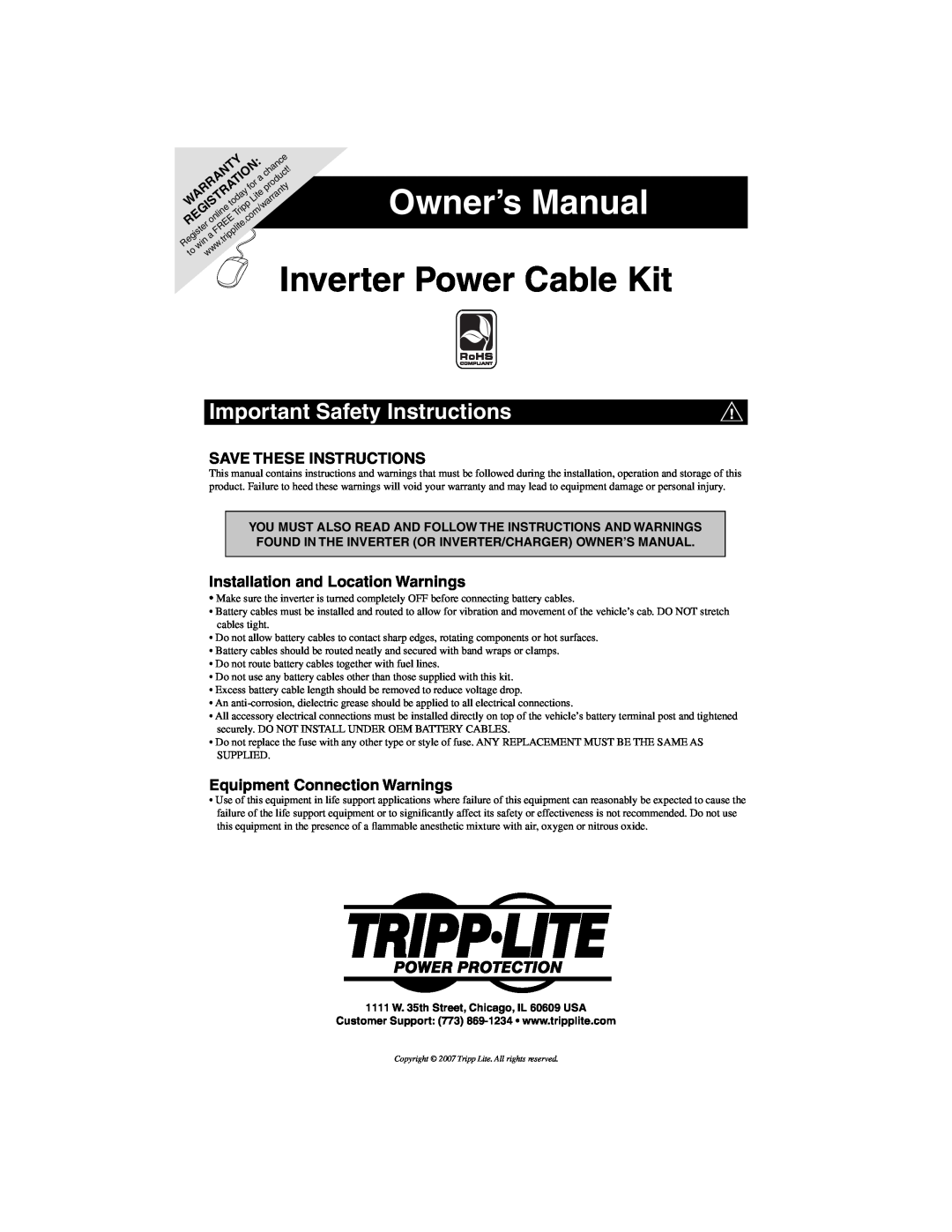 Tripp Lite Inverter Power Cable Kit warranty Important Safety Instructions, Save These Instructions 
