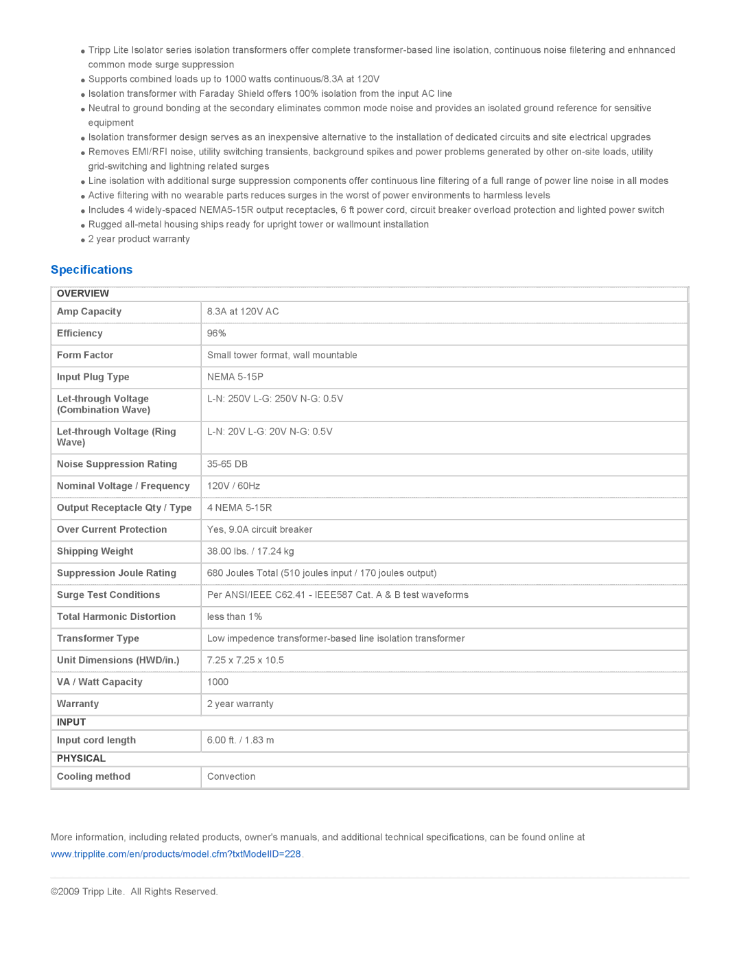 Tripp Lite IS1000 warranty Specifications, Overview, Input, Physical 