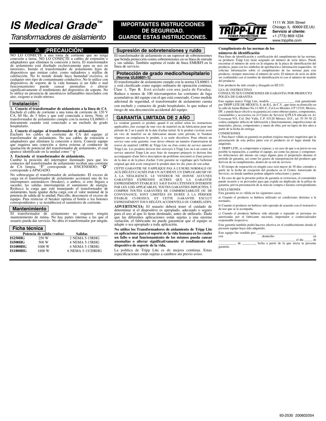 Tripp Lite IS500HG, IS1800HG Supresión de sobretensiones y ruido, Protección de grado medico/hospitalario, Instalación 