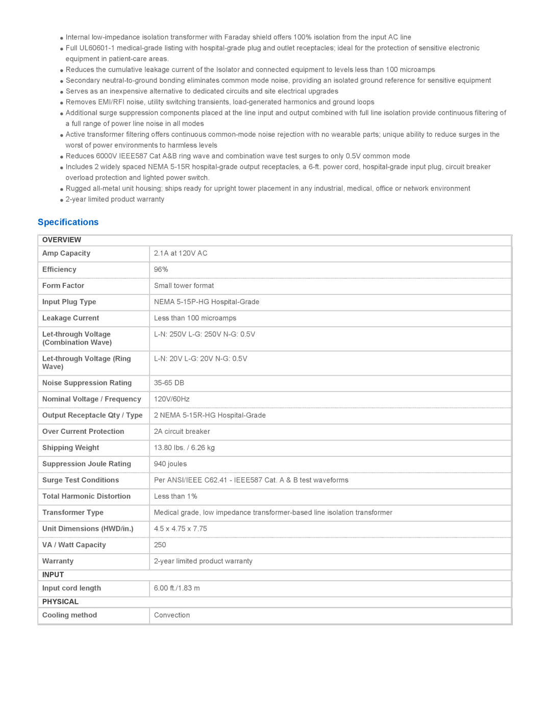 Tripp Lite is250hg warranty Specifications, Overview, Input, Physical 