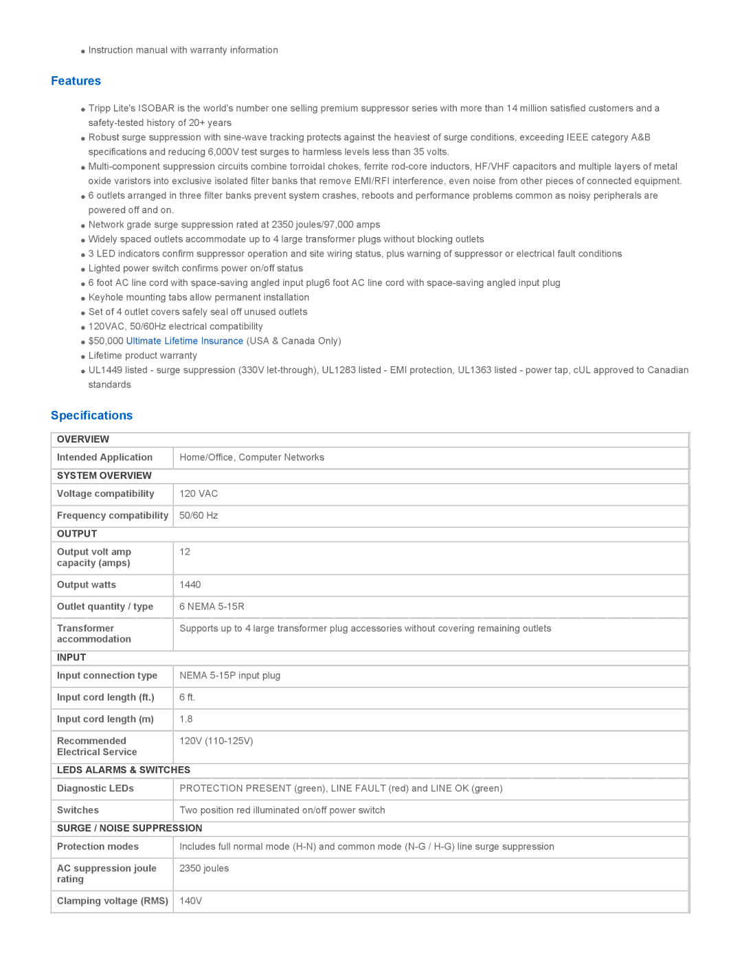 Tripp Lite ISOBAR6ULTRA specifications Features, Specifications 