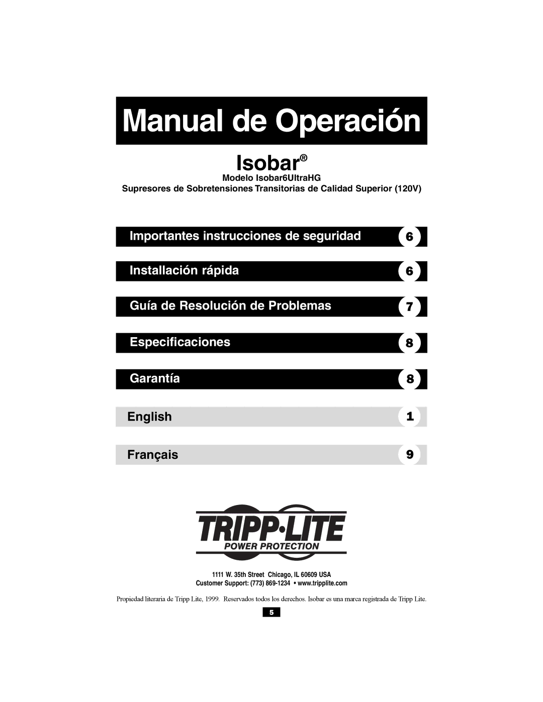 Tripp Lite ISOBAR6ULTRANG owner manual Manual de Operación, English Français 