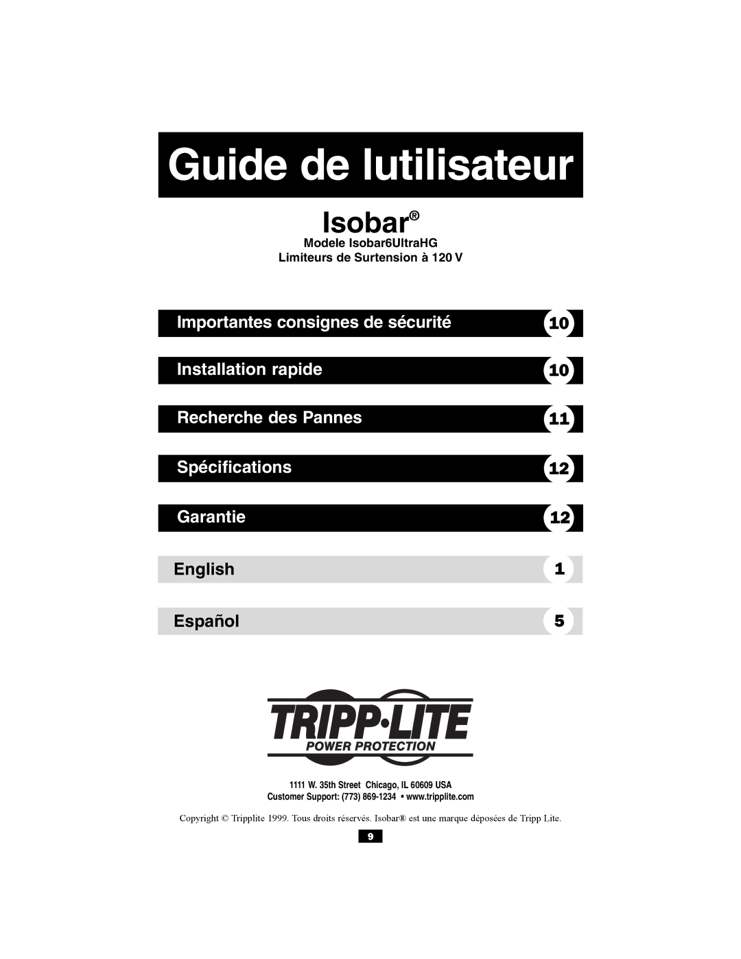 Tripp Lite ISOBAR6ULTRANG owner manual Guide de lutilisateur, English Español 