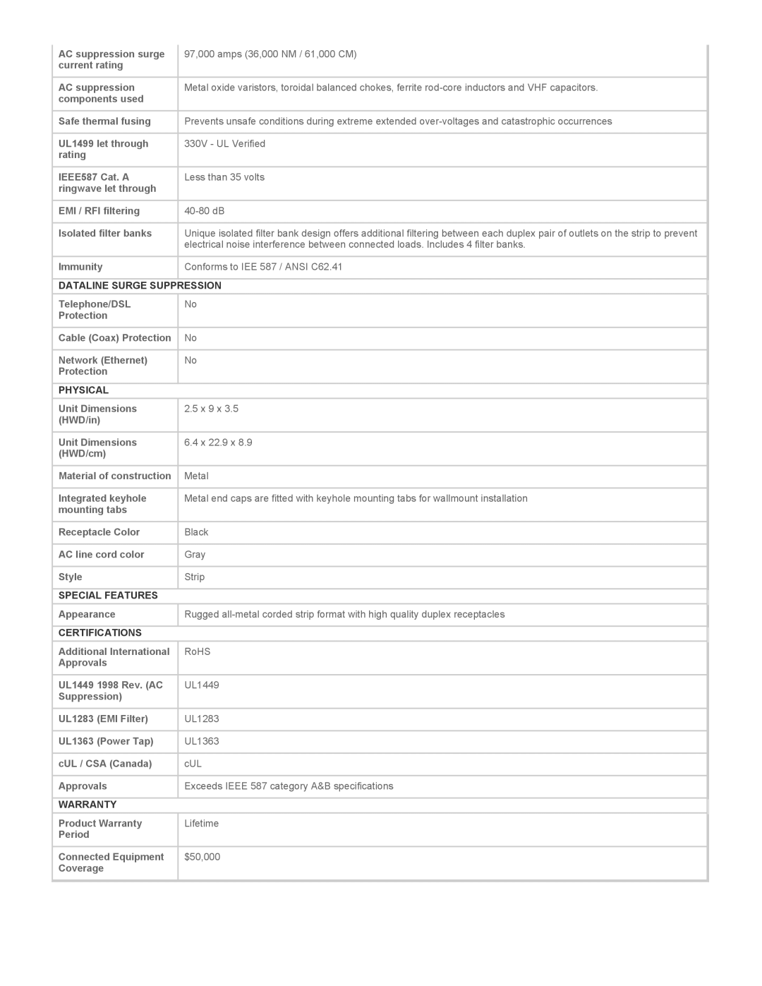 Tripp Lite ISOBAR825ULTRA specifications Dataline Surge Suppression, Physical, Special Features, Certifications, Warranty 